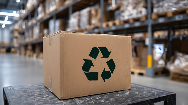 A freshly labeled shipping carton with an embossed recycle symbol, eco tape securing the top, industrial shelves behind it stocked with biodegradable and reused materials