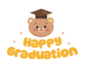 Happy graduation greeting with cute bear. Illustration bear wearing graduation hat. Cute typography