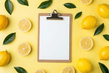Arranging fresh lemons and lemon leaves on a small clipboard in a bright pastel yellow setting for a vibrant kitchen display.