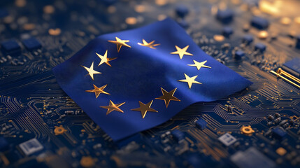 European Union Flag with Golden Stars on Circuit Board Background