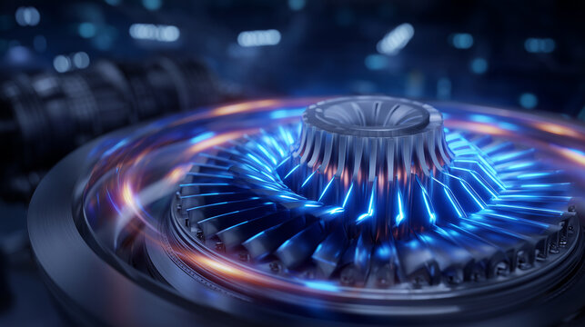 Sharp focus on the interface of turbine blade roots and hub, showing finely engineered metallic joints and fasteners, glowing with the warm tones of simulated engine operation