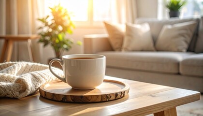 Obraz premium Cozy Morning Coffee in Sunlit Living Room.