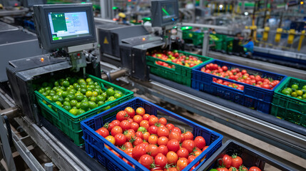 Overhead view of crates filled with mixed tomatoes, limes, and oranges smoothly transported on conveyor belts through a bustling food packaging warehouse, machinery humming and wor