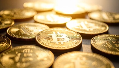 Golden Bitcoin Cryptocurrency Coins Close Up Financial Investment Success.