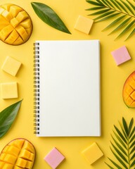 Creating a tropical journal design with mango slices and sticky notes on a yellow background.