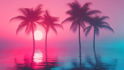 Sunset tropical scene with palm trees reflected in water.