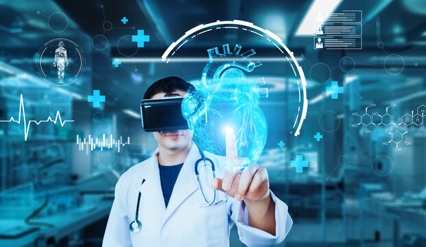 Doctor wearing VR glasses and lab coat pointing at medical data while managing augmented reality technology and standing at laboratory with blurring background. Healthcare and innovation. Ingenuity.