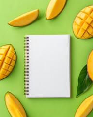 Fanned mango slices surrounding a notebook on vibrant green surface capturing the essence of tropical inspiration.