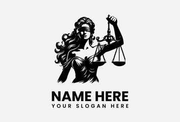 Naklejka premium Dramatic Lady Justice silhouette logo with balanced scales and blindfold representing fairness and legal authority 