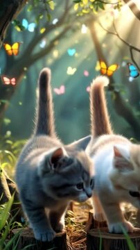 Two Curious Kittens Exploring a Magical Forest Path Surrounded by Colorful Butterflies and Sunbeams
