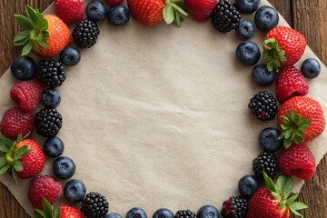 Vibrant mixed berries encircling rustic paper on a charming tabletop a deliciously artistic display.