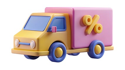 Fototapeta premium 3d render of a yellow delivery truck with a pink box displaying a percentage symbol