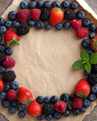 Delightful mixed berries dancing around rustic paper a berry festival in a charming setting.