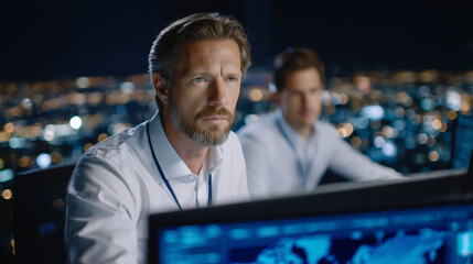 Team of engineers collaborating in the background while a male coder runs a cybersecurity scan on his desktop, security alert dashboard open on a glowing monitor