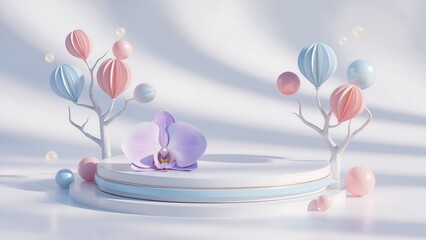 Pastel 3d podium with orchid flower and abstract balloon trees for product display background