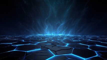 Obraz premium Abstract Digital Neon Polygons Rising from a Dark Oceanic Surface