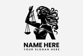 Dramatic Lady Justice silhouette logo with balanced scales and blindfold representing fairness and legal authority  