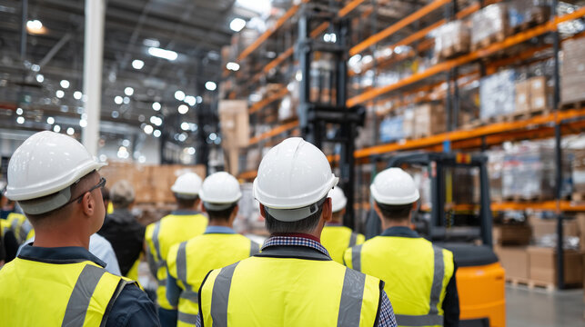 Wide-angle view of a group of factory employees listening attentively during a safety training session, surrounded by industrial equipment and tall shelving units under bright over