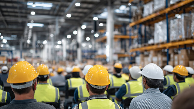 Wide-angle view of a group of factory employees listening attentively during a safety training session, surrounded by industrial equipment and tall shelving units under bright over