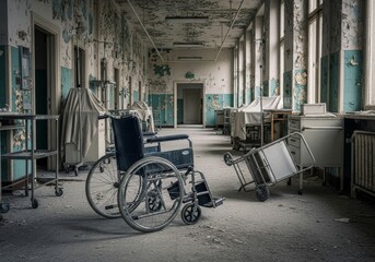Obraz premium Abandoned Hospital Corridor - A haunting of an abandoned hospital corridor, with wheelchairs and medical carts left behind, dust and decay visible everywhere