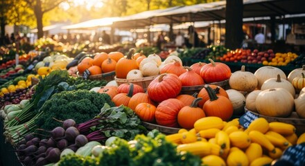 Autumn Harvest Market Abundance - Vibrant display of fall produce at a bustling farmers market, showcasing pumpkins, squash, greens, and root vegetables