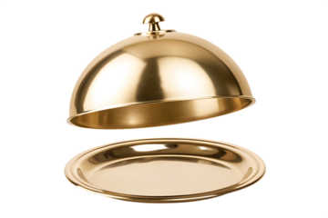 Gold serving dome and tray isolated on a white background png ai generated