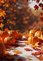 Autumn Harvest Pumpkins and Leaves - Pumpkins and autumn leaves on a table, fall background. Perfect for Thanksgiving or autumn themes