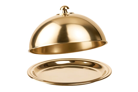 Gold serving dome and tray isolated on a white background png ai generated