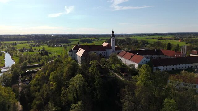Luftbildaufnahme Kloster Attel bei Wasserburg mit Michaelskirche gehort zu den altesten Kultstatten des weiten Umkreises Wasserburg am Inn, Germany, Bavaria. Baroque architecture, spring landscape. 