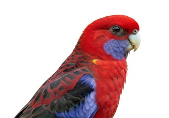 Obraz premium Crimson Rosella Portrait - Close-up profile of a vibrant crimson rosella parrot against a white background. Its red, blue, and black plumage is richly detailed