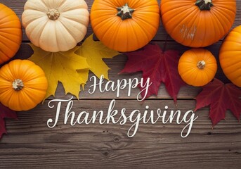 Happy Thanksgiving Pumpkins and Leaves - Autumn harvest scene with pumpkins, fall leaves, and "Happy Thanksgiving" message on rustic wood