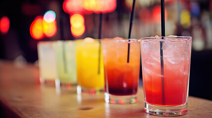 Colorful Cocktails on Bar Counter with Bokeh Lights – Vibrant Nightlife Scene for Party, Drink, and Hospitality Concepts