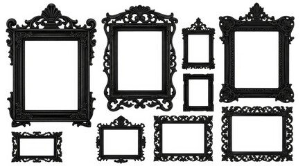 Ornate Black Picture Frames Collection - A set of elegant black picture frames in various sizes and ornate designs, perfect for adding a touch of classic to your photos