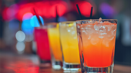 Colorful Cocktails on Bar Counter with Bokeh Lights – Vibrant Nightlife Scene for Party, Drink, and Hospitality Concepts