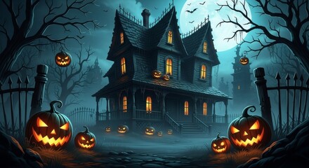 Spooky Halloween House - A haunted house on a dark Halloween night, surrounded by glowing jack-o'-lanterns and spooky trees
