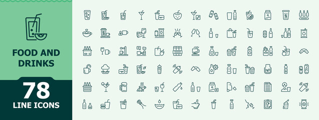 Food And Drinks vector icon set. Minimal icons set. Containing cook, fast, breakfast, beverage, food, drink. Pixel perfect. Editable vector. Cook icon set.