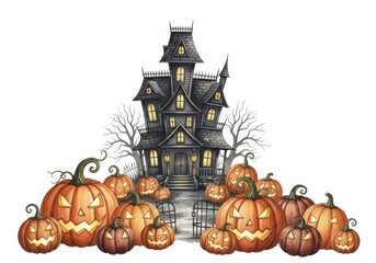 Spooky Halloween House and Pumpkins - A haunted house with glowing windows surrounded by carved pumpkins on a white background. Perfect for Halloween decorations