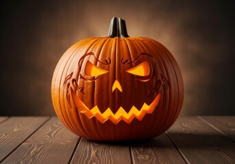 Spooky Halloween Jack O Lantern - A carved Halloween pumpkin with a menacing face glows on a dark wooden table