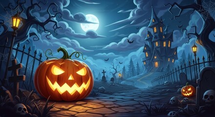 Spooky Halloween Night Scene - A jack-o'-lantern glows brightly on a cobblestone path leading to a spooky haunted house under a full moon