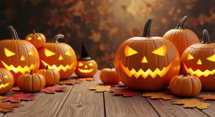 Spooky Halloween Pumpkins on Wooden Table - Group of carved pumpkins with glowing faces, autumn leaves, wooden background. Perfect for Halloween