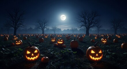 Spooky Halloween Pumpkin Patch Night - A field of glowing jack-o'-lanterns under a full moon on a dark, misty Halloween night