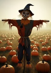 Spooky Scarecrow in Pumpkin Patch - A terrifying scarecrow with a sinister grin stands in a field of pumpkins on a hazy morning. Halloween, autumn, harvest