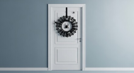 Spooky Spiderweb Wreath on White Door - Black spiderweb Halloween wreath hanging on a white door against a light blue wall. Perfect for autumn or Halloween decorations