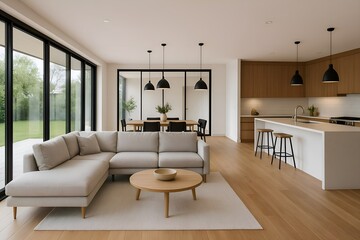 Fototapeta premium Spacious Open-Concept Living Room with Kitchen and Dining Area View