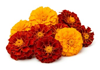 Vibrant Marigold Blooms - A cluster of orange and red marigolds, showcasing their rich colors and delicate petals, isolated on a white background