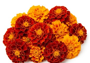 Vibrant Marigold Cluster - A close-up shot of a bunch of orange and red marigolds, isolated on a white background