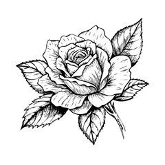 Hand-drawn rose flower with leaves in stipple and photocopy vintage style