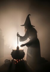 Witch Brewing Potion in Cauldron - Silhouette of a witch stirring a cauldron over a fire, surrounded by fog, creating a mystical Halloween scene