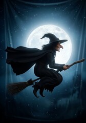 Witch Flying on Broom Under Full Moon - A witch with a pointed hat flies on a broomstick under a large full moon at night