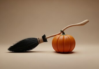 Witch's Broom and Autumn Pumpkin - A black witches broom rests on an orange pumpkin against a beige background. Perfect for Halloween or fall themes